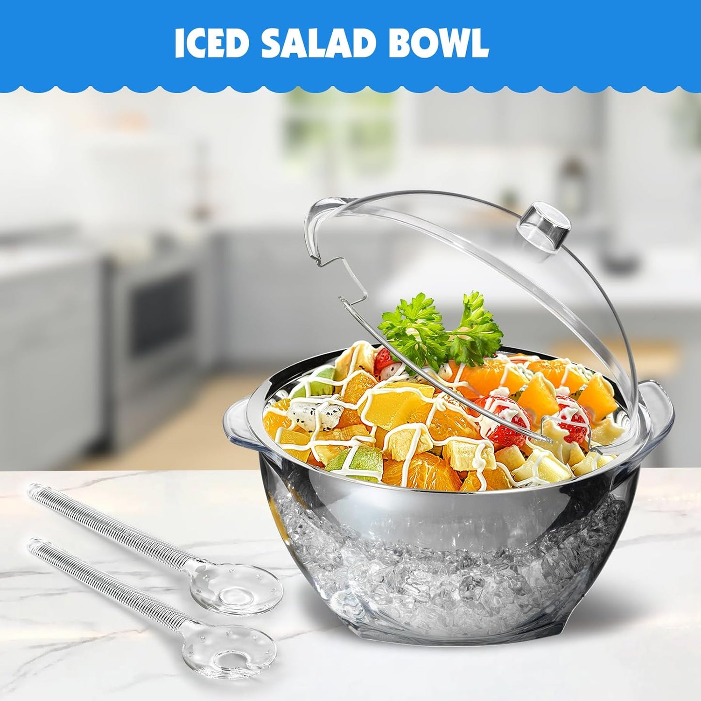 MEHOEIME Large Ice Chill Salad Bowl with Lid, Iced Serving Bowl with Ice Chiller Base For Parties, Keep Food Cold at Party, Ice Chilled Tray, Long Spoons, Extra, Clear, MH-DSLW-C3