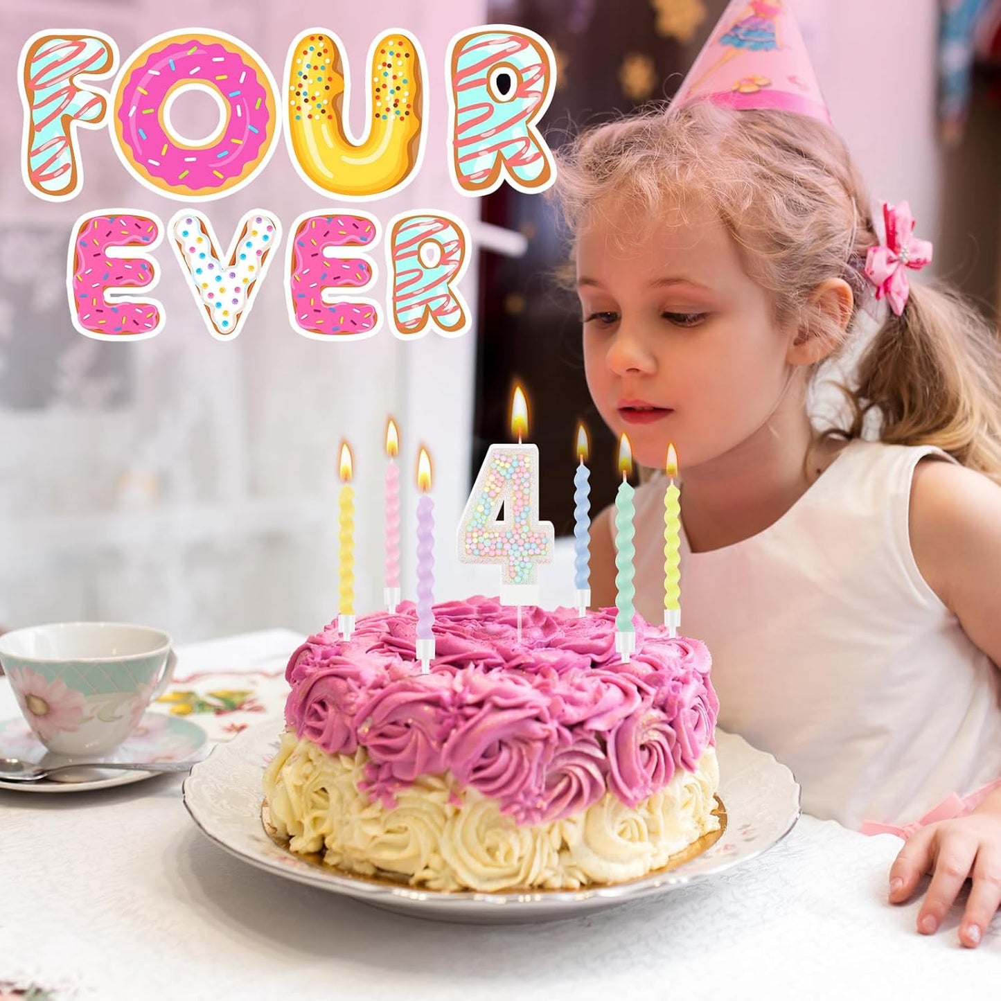 MTLEE Number 4 Birthday Candle with 12 Pcs Spiral Candles for Girls Macaron Pastel Rainbow Unicorn Pink Cake Topper for Sweet Theme Party Decoration