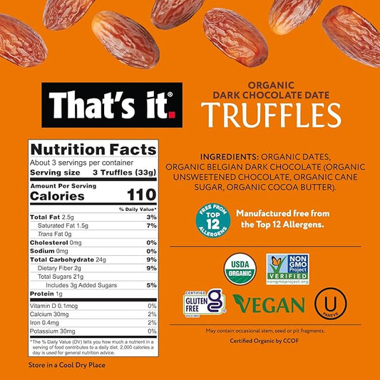 That's it Organic Dark Chocolate & Date Truffles. 100% Plant-Based, Vegan, Gluten-Free, All Natural (3 Pack)