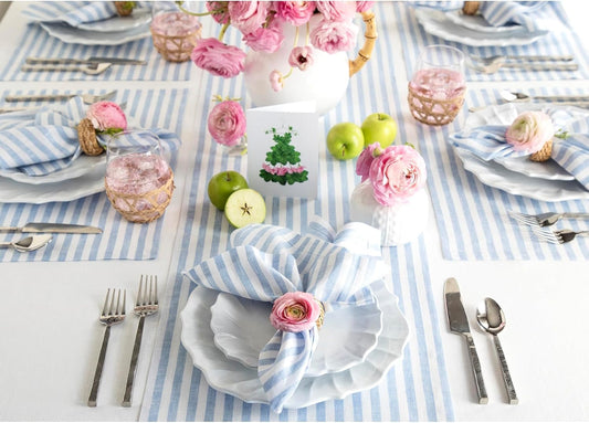 Solino Home Linen Table Runner 132 Inches Long - Amalfi Stripe, 100% Pure Linen Sky Blue and White Farmhouse Table Runner 14 x 132 Inch for Dining