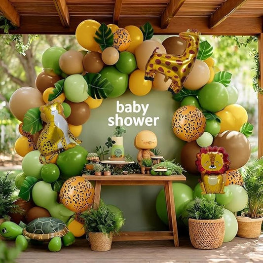 Sage Green Brown Balloons Double Stuffed Dusty Olive Green Mustard Yellow Balloon Arch Animal Print Balloons Palm Leaves for Baby Shower Birthday Safari Jungle Woodland Wild One Tropical Party Decor
