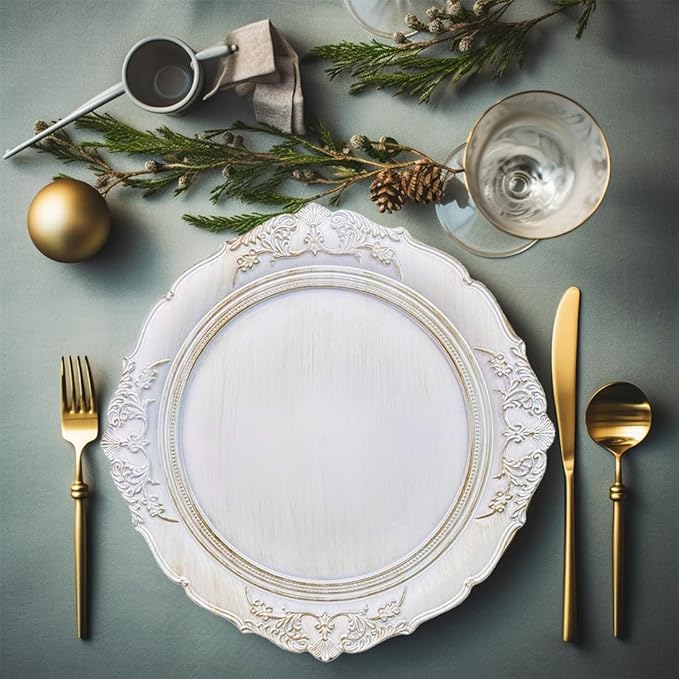 Antique White Charger Plates, 13 Inch Embossed Chargers for Dinner Plates. Plastic Charger for Wedding, Party. (Set of 6)