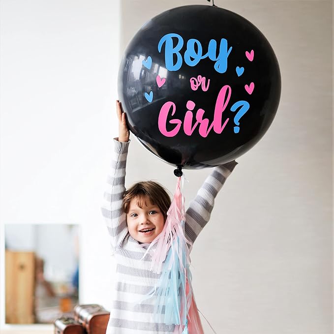 5 Pc Jumbo 36 Inch Baby Gender Reveal Balloon Kit - Big Black Balloons with Pink and Blue Heart Shape Confetti - Baby Shower Party Supplies, Gender Reveal Decorations for Boy or Girl