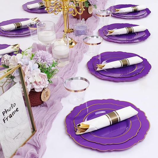 Liacere 175PCS Purple Plastic Plates-Disposable Purple and Gold - 25 guest Baroque Plastic Dinnerware include 50Plates,25Pack Pre Rolled Napkins with Silverware 25Cups for Wedding&Party