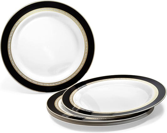 " OCCASIONS " 50 Plates Pack (25 Guests)-Heavyweight Wedding Party Disposable Plastic Plate Set -25 x 10.5'' Dinner + 25 x 7.5'' Salad/dessert plates (Ritz Black and Gold)