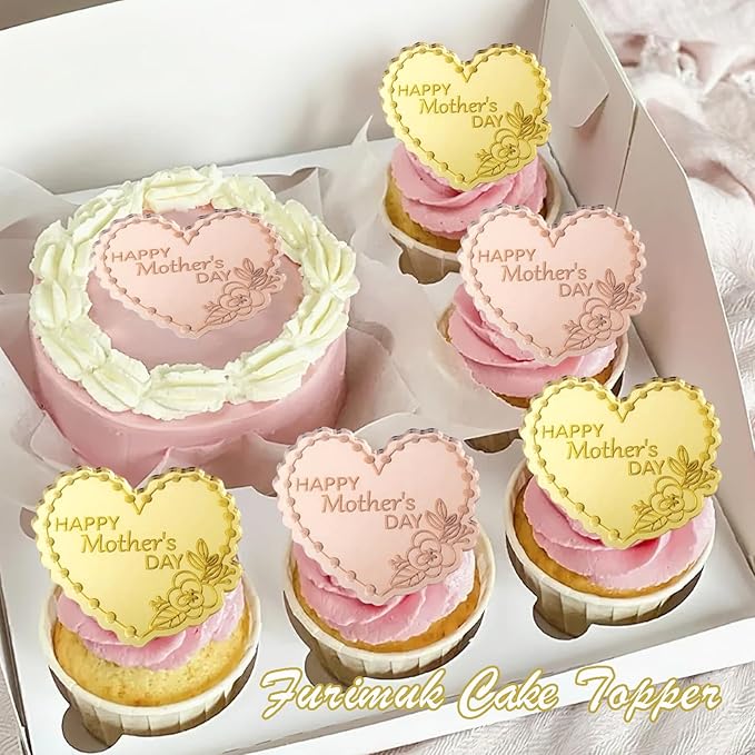 Furimuk 20 Pcs Mother's Day Heart Cake Topper, Gold Acrylic Mirror, Happy Mother's Day Cake Topper, Cupcake Decorations