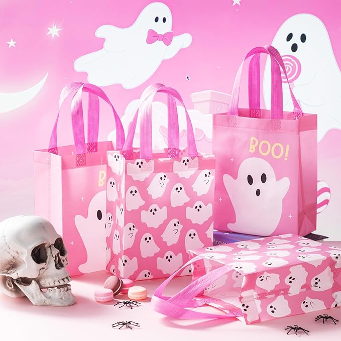 Wovnet 30 Pcs Halloween Party Favor Gift Bags Ghost Boo Pink Reusable Non Woven Goodie Treat Bags with Handle Horror Theme for Halloween Party Supplies 10 x 8 x 4in