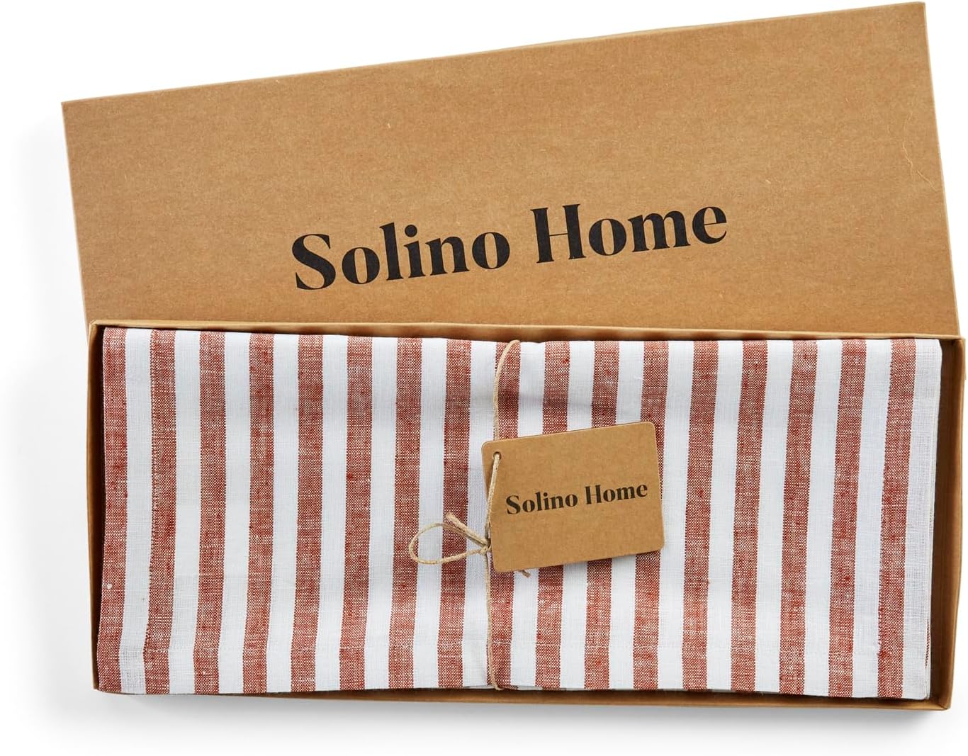 Solino Home Linen Table Runner 90 Inches Long - Amalfi Stripe, 100% Pure Linen Cinnamon and White Farmhouse Table Runner 14 x 90 Inch for Dining, Fall, Autumn, Halloween, Thanksgiving