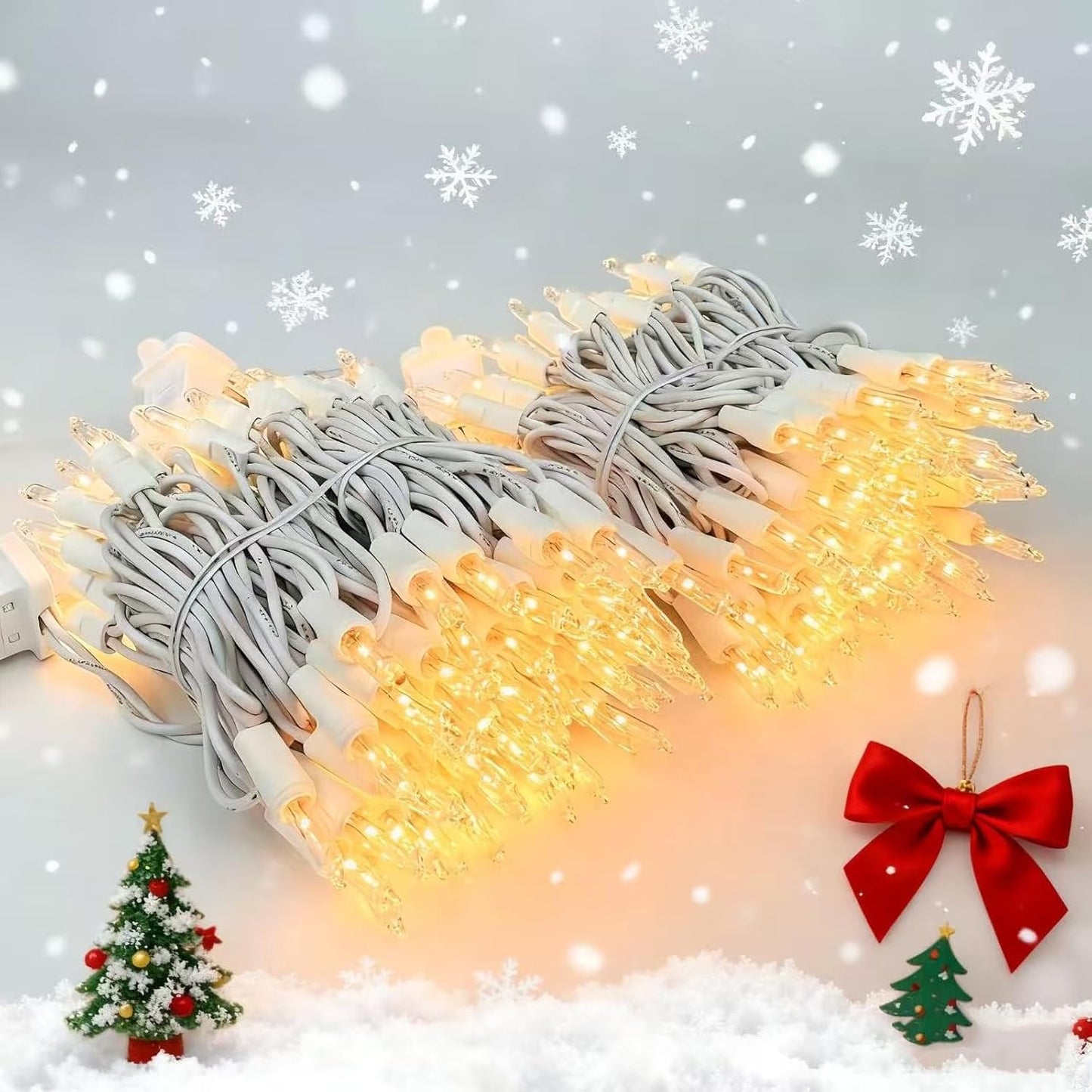 Christmas Lights 100 Counts, Indoor Outdoor,White Wire Connectable of Lighting String Warm White,Decorations for Holiday, Party,Festival,Christmas String Lights (White-Clear)