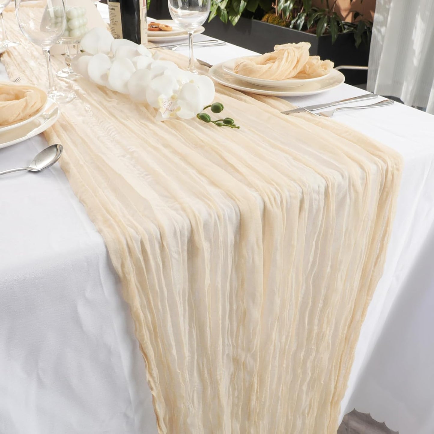 NESCCI 2 PCS Beige Table Runner,Rustic Boho Cheesecloth Table Runner,35x120 Inches Beige Runners for Tables, Pefect for Mothers Day Wedding Baby Shower Birthday Party Home Decorations