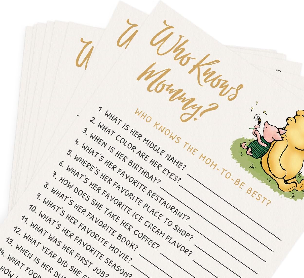 Printed Party Winnie Baby Shower Game Set – 4 Games with Classic Pooh Theme for 30 Guests, Includes Bingo, Mommy-to-be Trivia, Storybook Icon Guessing, and Guess Who, Bear Theme for Boy or Girl