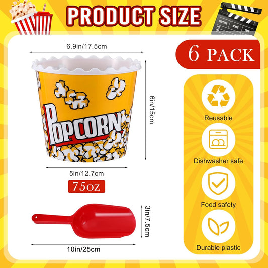 Roshtia 6 Pieces Plastic Popcorn Containers Reusable Buckets 75 oz Popcorn Boxes Bowl with Scoop Retro Style Red Plastic Scoop Set for Movie Theater Night(Classic)