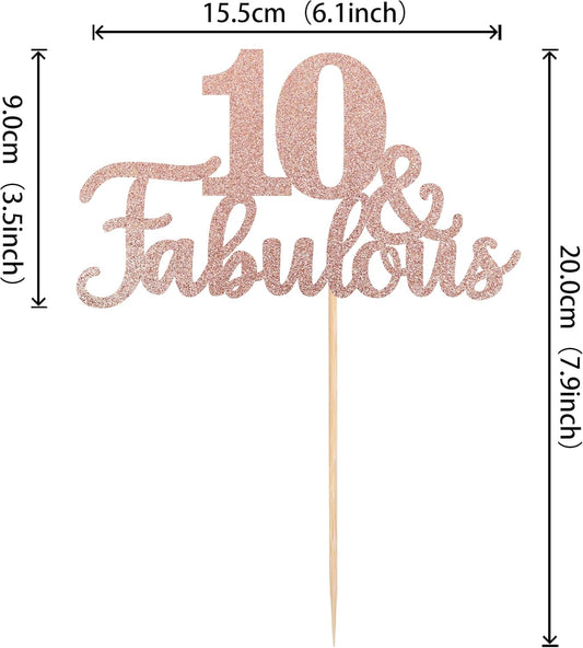 1 PCS 10 & Fabulous Cake Topper Glitter Ten and Fabulous Cake Toppers Happy 10th Birthday Cake Pick for 10th Wedding Anniversary Birthday Party Cake Decorations Supplies Rose Gold