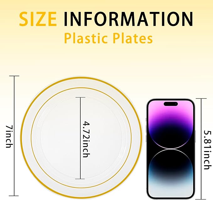 100Pcs Clear Plastic Dessert Plates, Thanksgiving Plates Disposable Salad Plate with Gold Rim, Premium Hard Fancy Small Plate, Heavy Duty Plastic Cakes Platos for Party, Wedding and Birthday