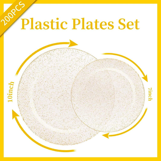 WDF 200PCS Gold Plastic Plates - Gold Glitter Plastic Plates - Heavy Duty Gold Glitter Disposable Plates - Include 100 Dinner Plates 10" and 100 Dessert Plate 7" for Thanksgiving Parties/Wedding