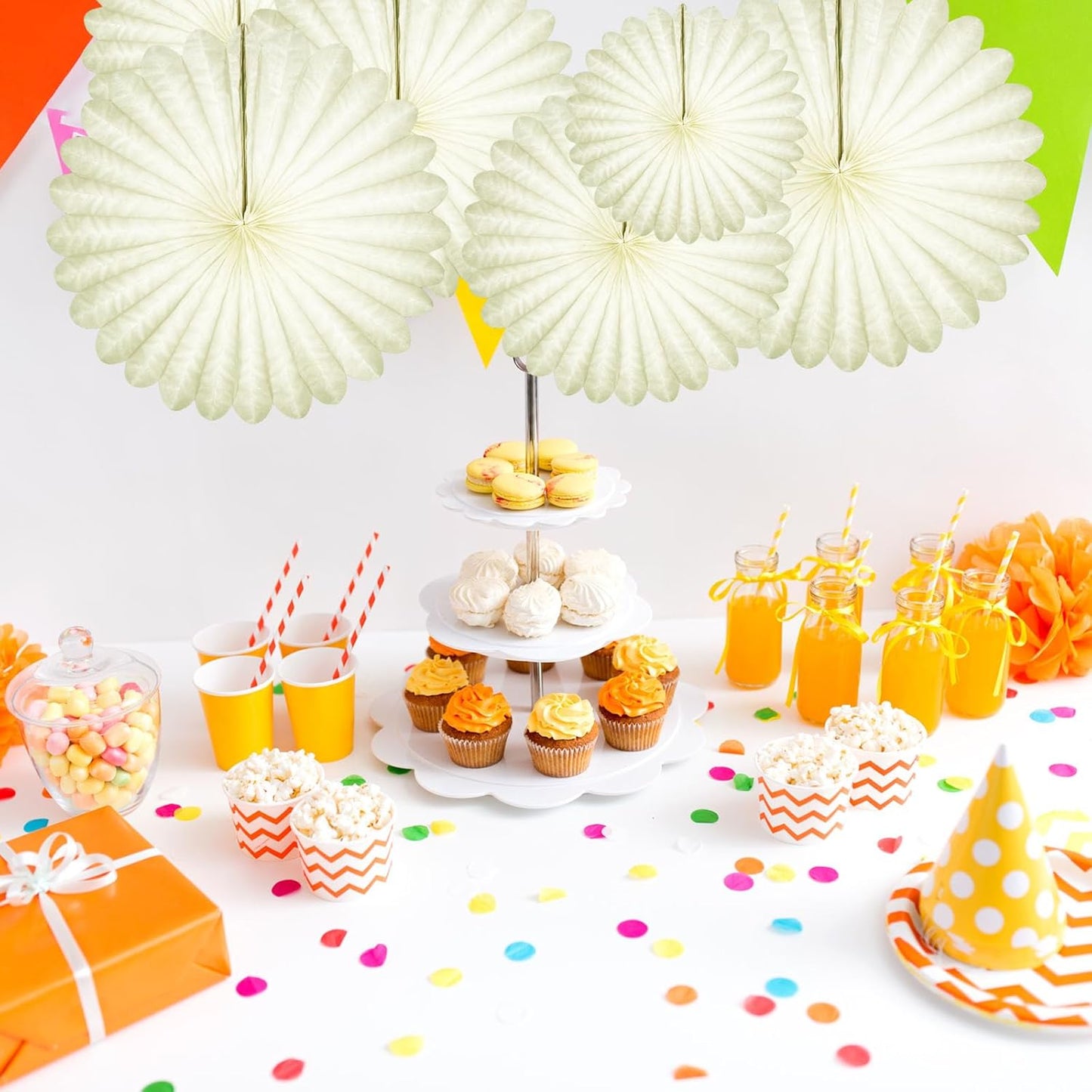 20 Pcs Ivory White Hanging Paper Fan, Round Paper Fans Decorations Set for Weddings, Birthdays, Engagement, Bridal Shower, Baby Shower Event, Graduation, Party Supplies Decor