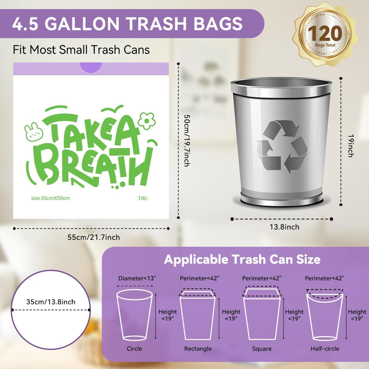 4.5 Gallon Trash Bags, 120 Count White Alphabet Printed Small Drawstring Garbage Bags Unscented for Toilet Home Office and Bedroom