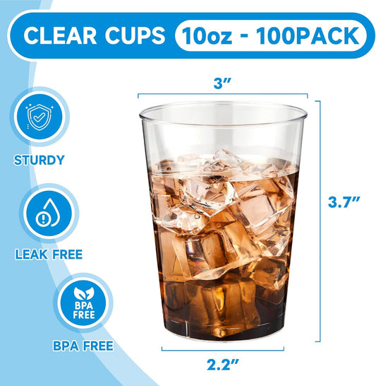 RACETOP 10 oz 100 Pack Disposable Plastic Cups, Disposable Clear Plastic Cups for Parties, Weddings, Gatherings, and Festival Events