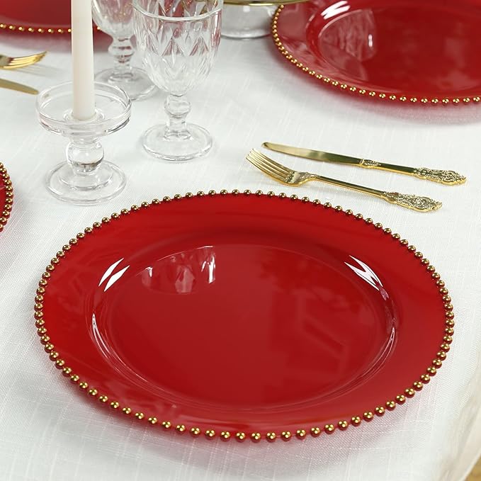 Efavormart 10-Pack Economy Plastic Charger Plates 13" Round Red with Gold Beaded Rim - Stylish Dinner Party Serving Plates