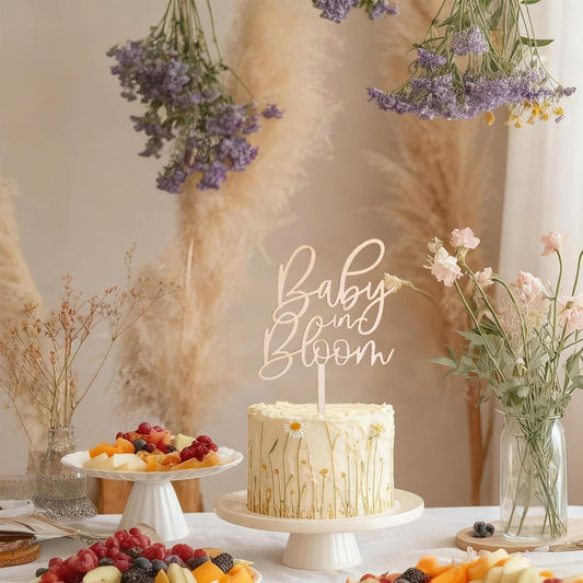 Baby in Bloom Wooden Cake Topper - Baby Shower Wood Cake Topper Decorations, Gender Reveal Party Cake Décor