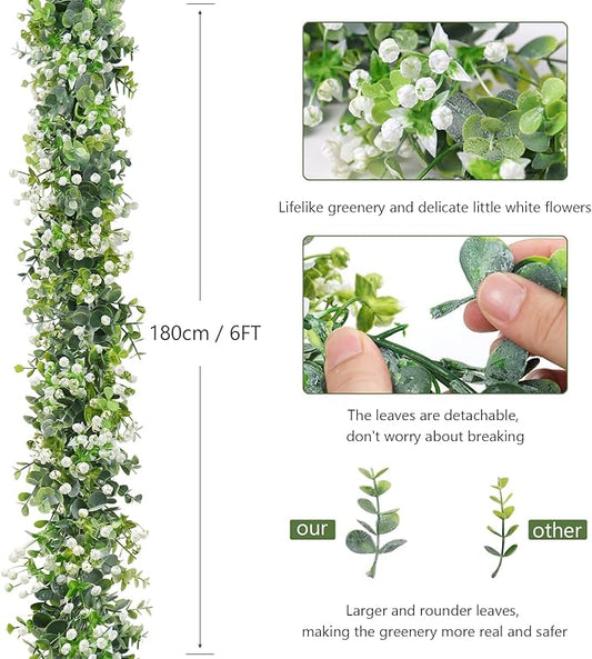 Faux Eucalyptus Garland 4 Pack – 24ft Artificial Greenery Vine with White Flowers for Wedding, Party & Mantle Decor
