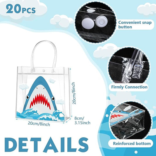 Aliceset 20 Pcs Shark Party Clear Favor Bags with Handles Sea Party Goodie Bags for Shark Themed Baby Shower Birthday Ocean Animals Themed Candy Snack Treat Wrapping Summer Pool Supplies, 8x8x3.15inch