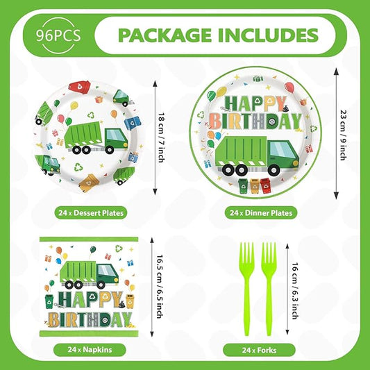 Grencian 96Pcs Trash Truck Birthday Decoration - Garbage Truck Plates and Napkins Trash Party Disposable Tableware for Kids Boys Recycling Rubbish Birthday Party Decorations Serves 24