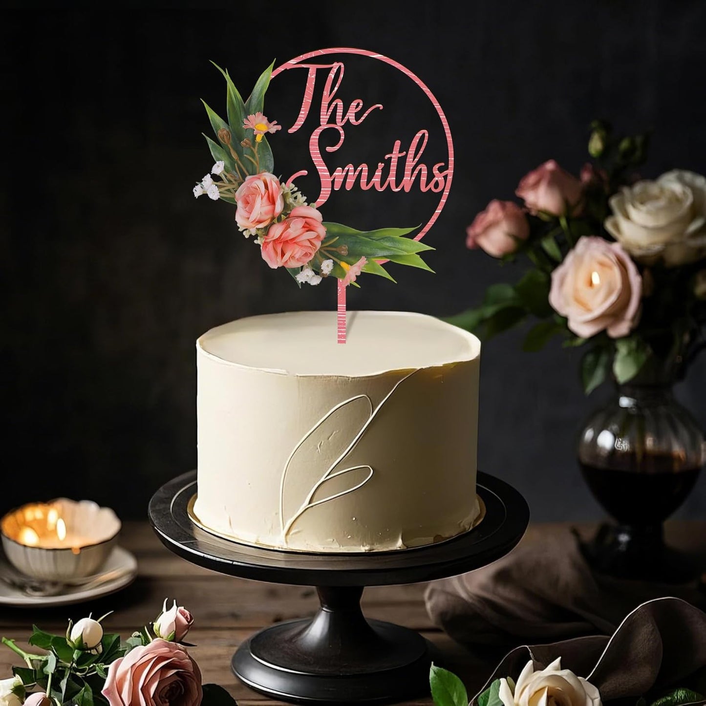 3D Flowers Wedding Cake Topper Custom Last Name Wedding Cake Decoration in Wood with 3D Artificial Roses (Pink)