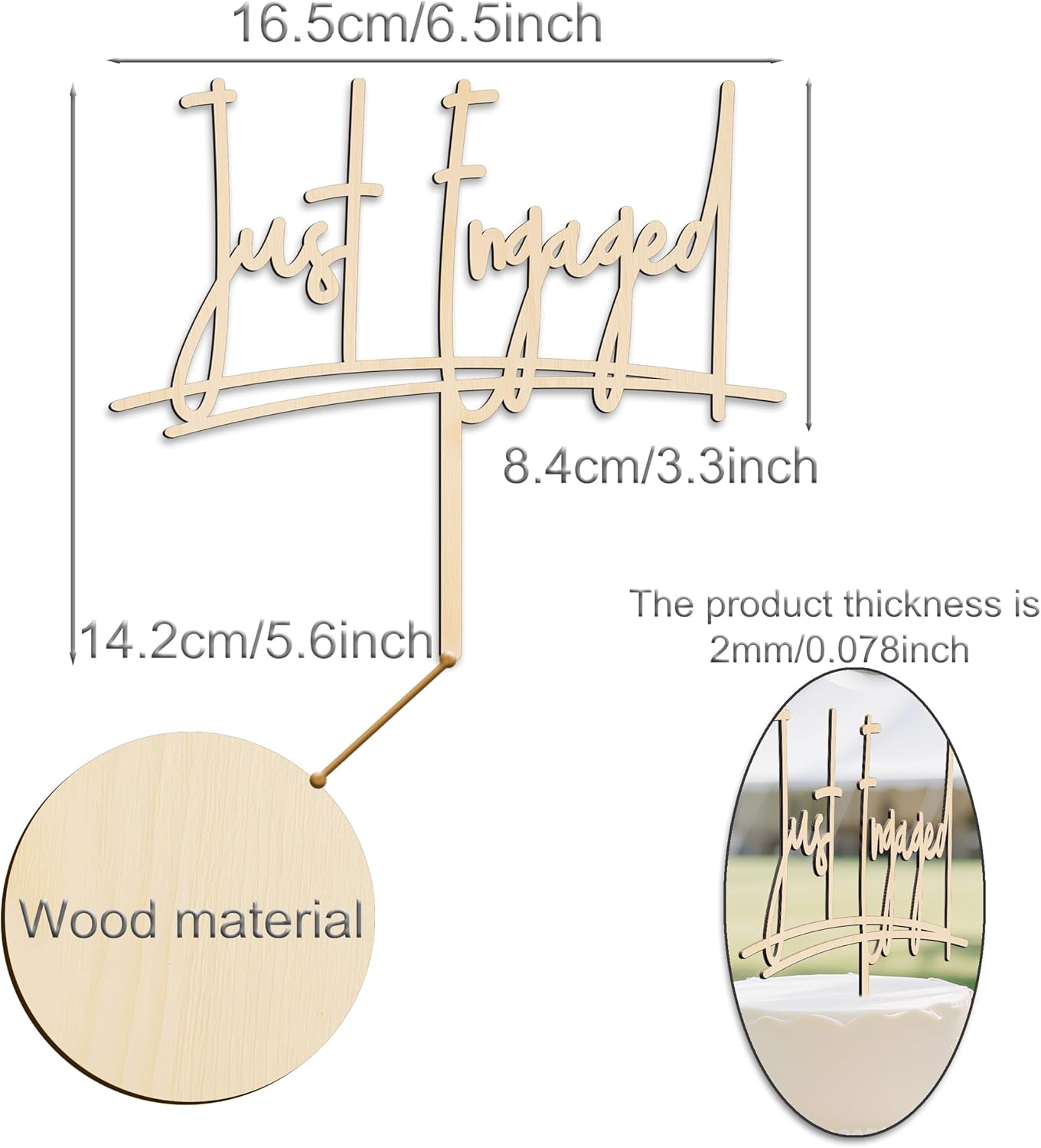 Just Engaged Wooden Cake Topper,Engagement party; bride's shower cake decoration