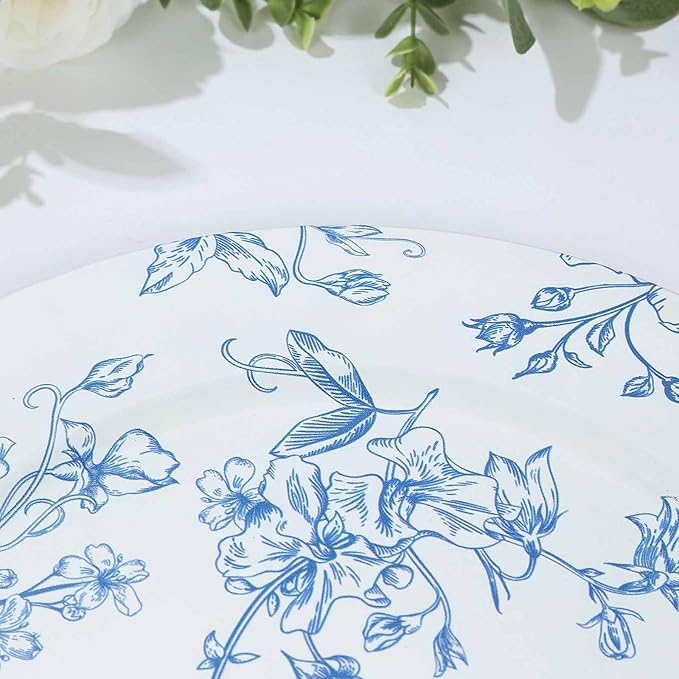 Efavormart 6 Pack White Blue Floral Acrylic Charger Plates in French Toile Pattern, Round Dinner Charger Event Tabletop Decor - 13"