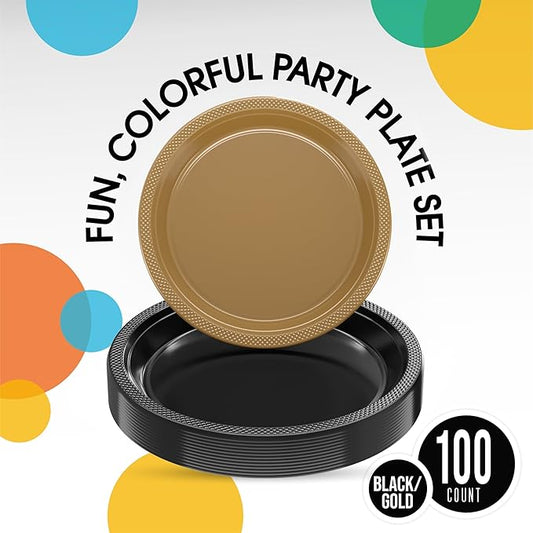 Party Solids Black and Gold Plastic Plates For Party Supplies, Black and Gold Disposable Plates 100 Pcs - 50-7" & 50-9" Heavy Duty 350 GSM Disposable Dinnerware Sets, Plastic Dinnerware Sets