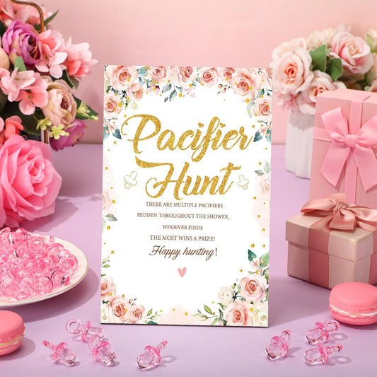 Thyle 51 Pcs Pacifier Hunt Baby Shower Games Include Hunt Sign and 50 Acrylic Pacifiers for Baby Shower Game Decoration Gift Sets Gender Reveal Party Decor(Flower)