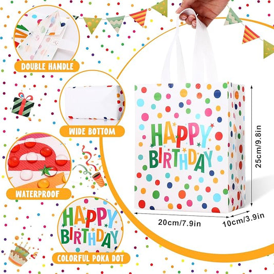 Supervitae 24 Pack Happy Birthday Gift Bags Bulk Medium Rainbow Polka Dot Party Favor Bags Reusable Totes Non Woven Goodie Totes for Birthday Baby Shower Wedding Party Supplies(9.8" x 7.9" x 3.9")