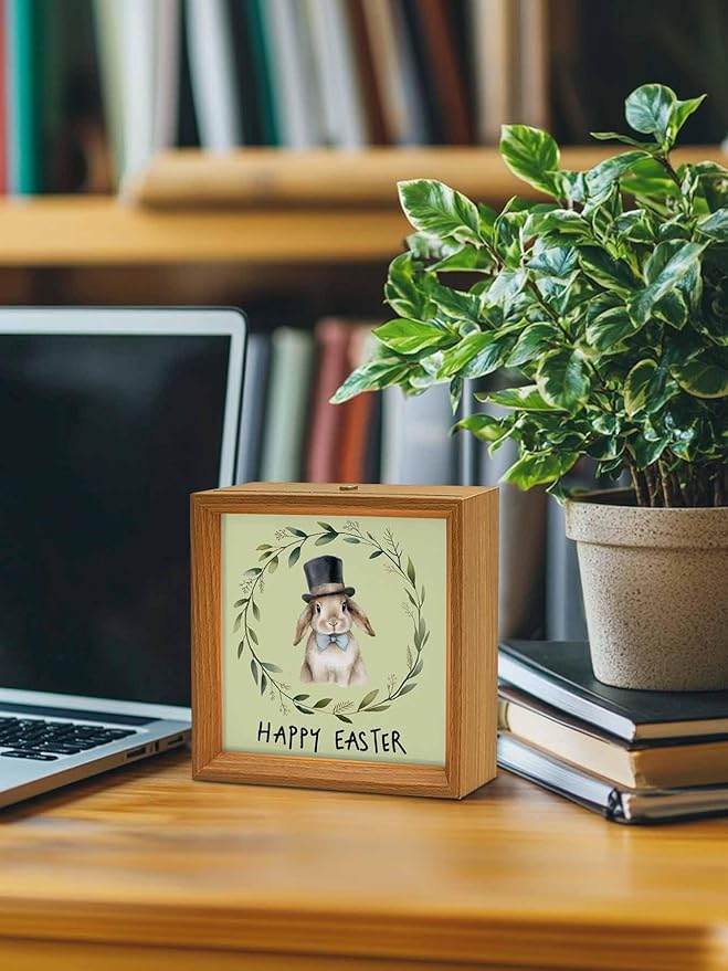 Happy Easter Bunny Garland Wooden LED Night Light USB Rechargeable Dimmable Touch Table Light for Home Decor Pastoral Eucalyptus Leaf Wood Picture Frame Box,6.5X6.5IN