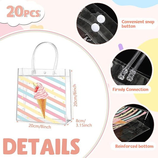 Aliceset 20 Pcs Ice Cream Party Favor Bags with Handles Clear Plastic PVC Summer Goody Bags Ice Cream Theme Birthday Party Baby Shower Supplies Sweet Candy Decorations 8x8x3.15 Inch