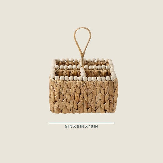Gibson Home Riverrun Grove Woven Utensil Caddy with 4 Compartments, Natural Hand-Braided Water Hyacinth Basket with Wood-Bead Trim for Napkins, Cutlery, Condiments & Tabletop Storage
