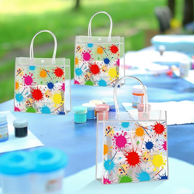 Aliceset 20 Pcs Paint Splatter Party Clear Treat Bag with Handles Painting Party Favor Bags Art Themed Goodies for Birthday Paint Splatter Decoration Candy Snack Baby Shower Supplies, 8x8x3.15 Inch
