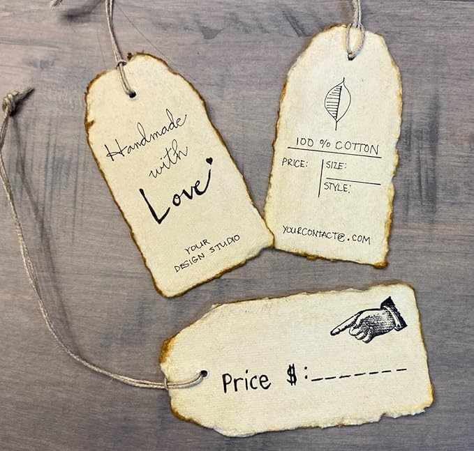 Wanderings Handmade Vintage Deckle Edge Tags with String - 3.75 x 1.75” Only - Pack of 25 - Ideal for Price or Gift Tags, Arts, Crafts, Place Cards, Name Cards - Cold Press Thick 150 GSM