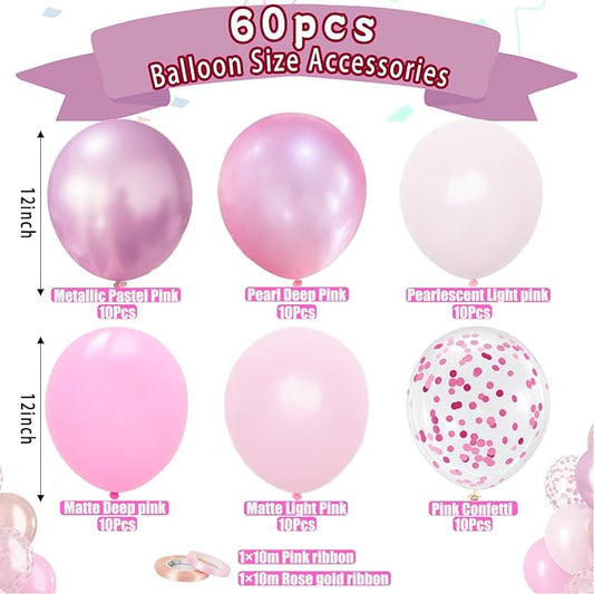 Pink Balloons, 60Pcs 12inch Metallic Pearly Matte Pink Confetti Balloons for Girl Women Birthday Decorations, Wedding, Christening, Baby Shower Party
