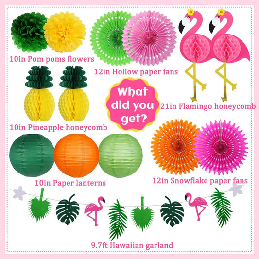 Yuxiou Flamingo Party Decorations Hawaiian Garland Flamingo and Pineapple Honeycomb Decorations Paper Lanterns Fans Pom poms Flowers for Birthday Luau Tropical Bachelorette Party