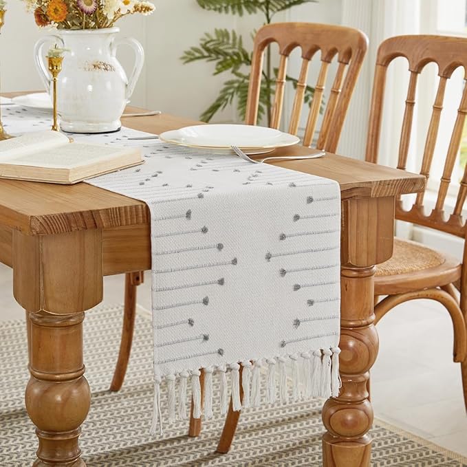 Wracra Boho Table Runner, Natural Cotton Woven Macrame Table Runners 90 Inches Long for Modern Farmhouse Woven Home Decor, 14x90 Inch, Grey