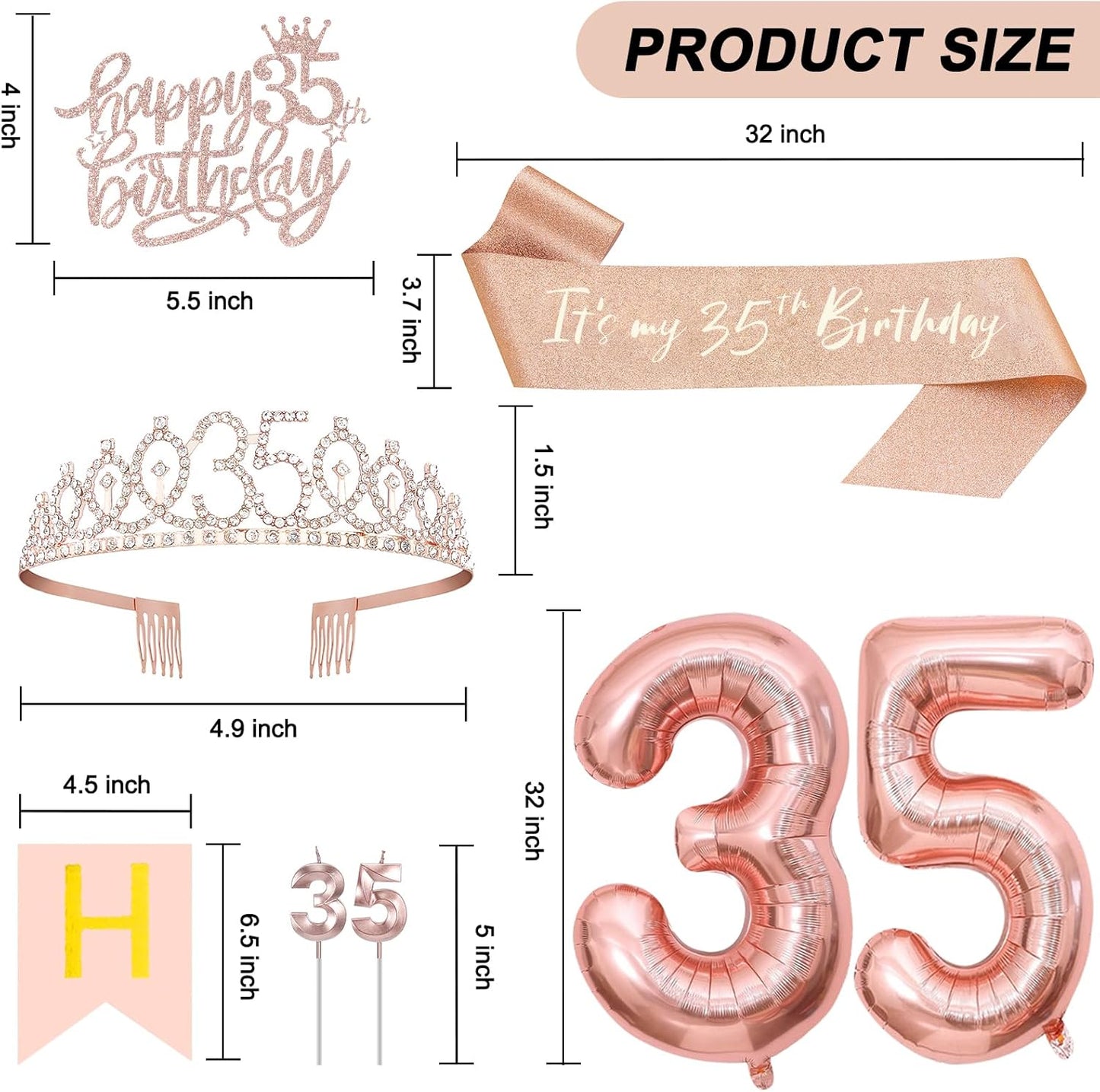 35th Birthday Decorations for Women, Including 35th Tiara and Sash, Happy Birthday Banner, Cake Toppers, Number Candles and Balloons Set, Rose Gold