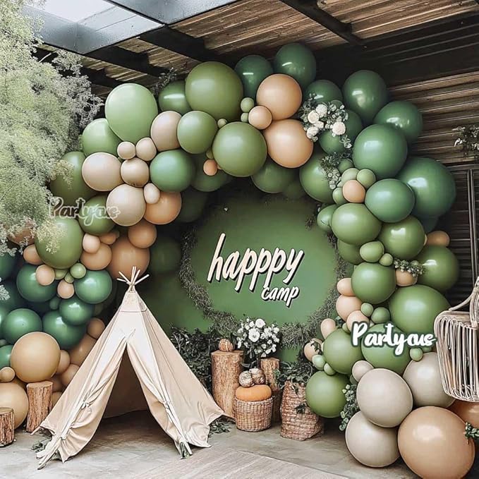 Sage Green Brown Balloon Arch Kit Double Stuffed Dusty Olive Green Tan White Sand Apricot Latex Balloon Garland for Neutral Baby Shower Safari Dinosaur Birthday Woodland Wild One Party Decoration