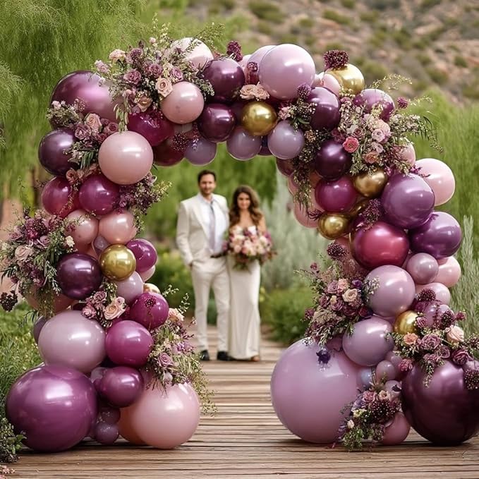 Dark Purple Pink Balloon Garland Double Stuffed Plum Mauve Burgundy Gold Balloon Arch Kit Dusty Pink Lavender Balloons for Birthday Bridal Shower Wedding Valentine Mother's Day Party Decorations