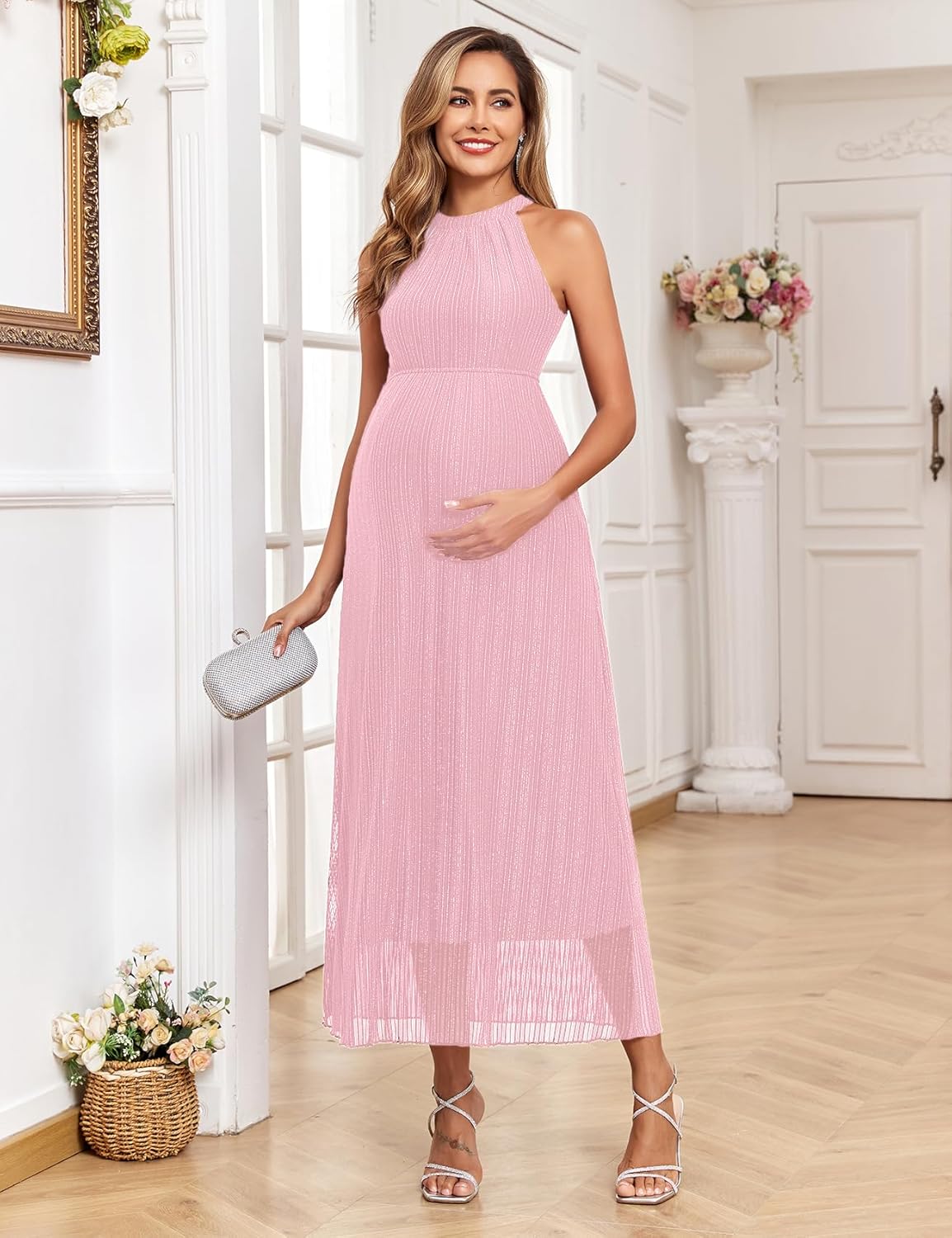 Maternity Sparkly Mesh Dress Halter Neck Sleeveless A Line Pregnancy Dresses Semi Formal Baby Shower Photoshoot
