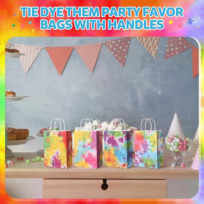 Gaillty 24 Pcs Tie Dye Party Favor Bags Camouflage Goodie Gift Bags with Handles Colorful Rainbow Paper Treat Candy Totes for Retro Theme Birthday Party Supplies Decorations