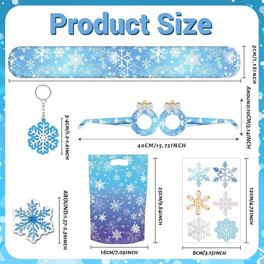 110 PCS Snowflake Party Favors, Snowflake Temporary Tattoos Slap Bracelets Paper Eyeglasses Stickers Keychains Gift Bags Winter Snowflake Birthday Party Decorations Supplies