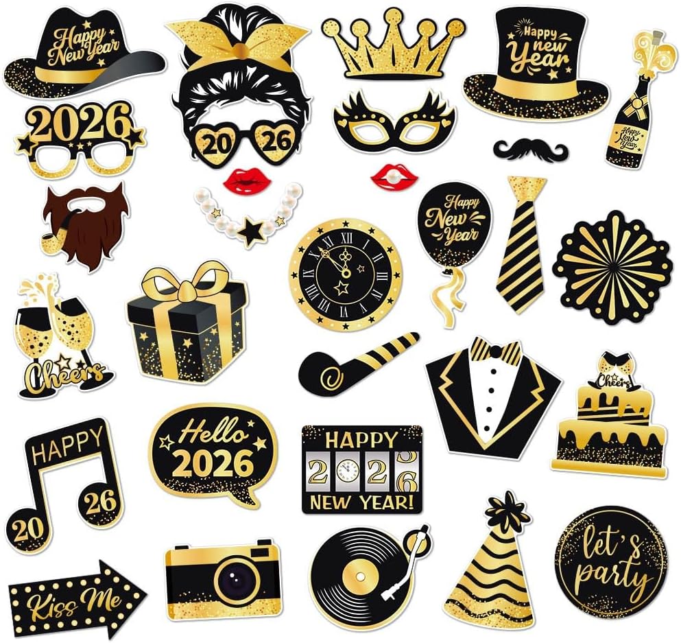 30 PCS New Year Photo Booth Props 2026 New Year Eve Photo Booth Props 2026 Happy New Year Decorations New Year’s Eve Party Supplies Favors for Pictures