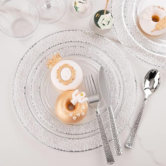 Ciaell 150PCS Clear Silver Plastic Plates - Silver Disposable Plates include 25Dinner Plate, 25Dessert Plate, 25Forks, 25Knives, 25Spoons, 25Cups for Weddings & Parties