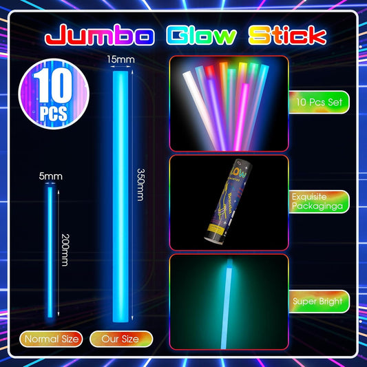 Lewtemi 10 Pcs Large Glow Sticks Big Giant Jumbo Halloween Christmas Emergency Light Stick for Camping Accessories, Survival Kit